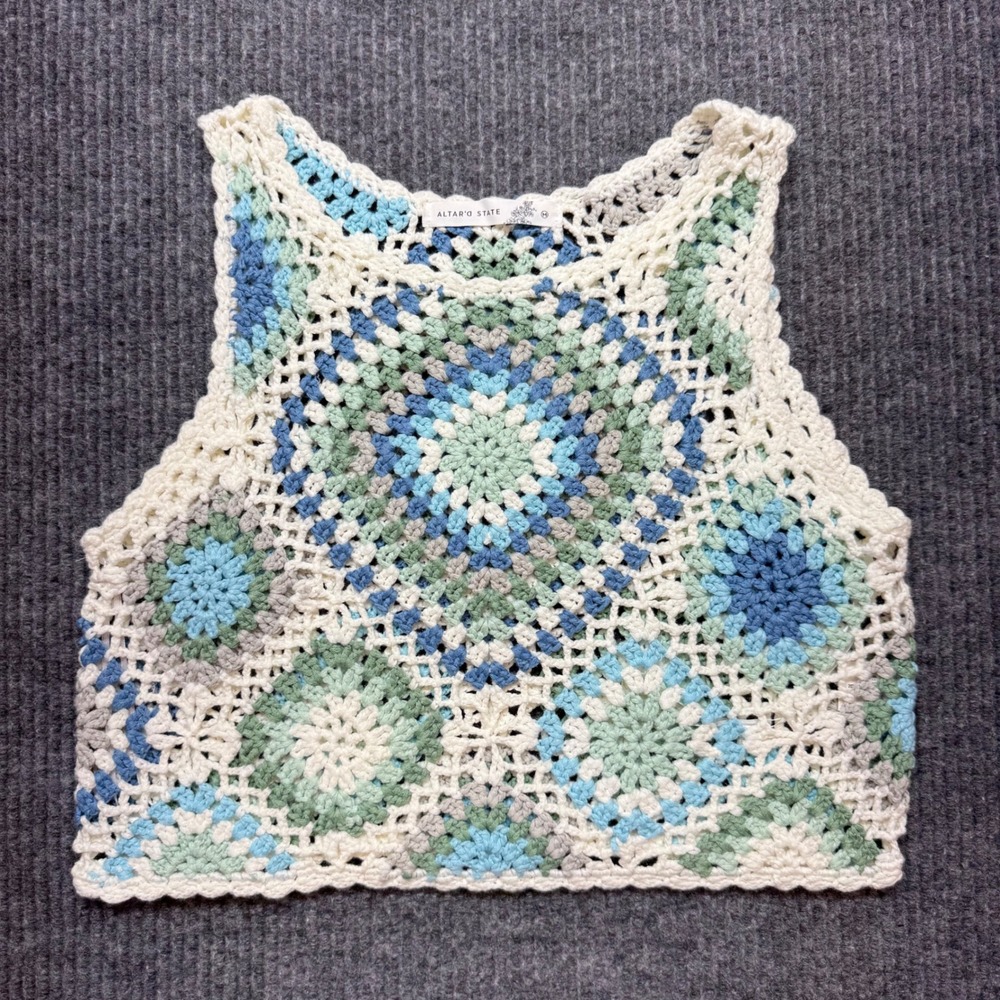 Altar'd State Womens Medium Crochet Granny Square Tank Top Blue Green Boho
